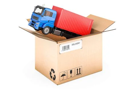 Container truck inside parcel. Freight transportation, delivery concept. 3D r Stock Illustration