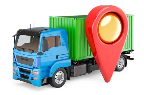 Container truck with map pointer, 3D rendering Illustrazione stock