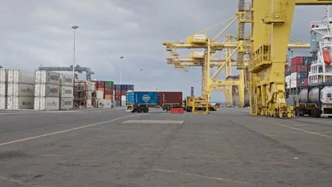 Container trucks operating beneath gantry cranes at busy shipping dock. Stock Footage 334250626
