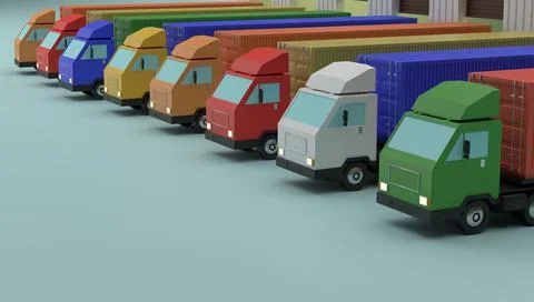 Container trucks at storehouse 3D render illustration Stock Illustration