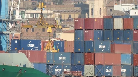 Container unloading from ship at port of Catania. Stock Footage 42813282