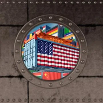 Container with USA flag being loaded onto a ship, seen through a porthole. Stock Illustration