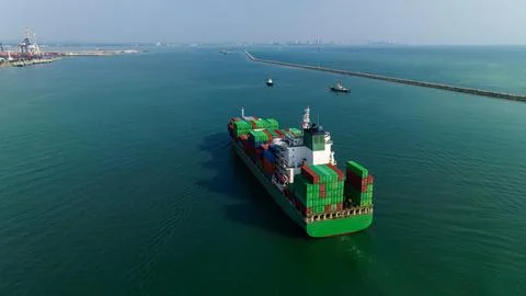 Container Vessel Navigating Into Laem Chabang Port In Chonburi Thailand Wid.. Stock Photos