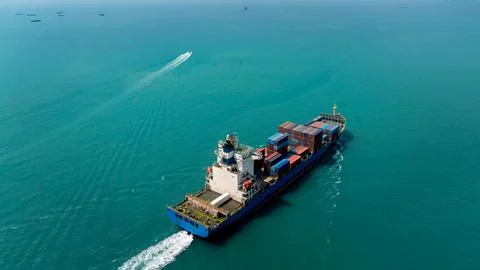 Container Vessel Navigating Open Ocean Near Si Racha Thailand Wide Shot Stock Photos