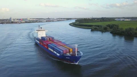 Container vessel ORION navigating in Netherlands inland waterways. Stock Footage 161979678