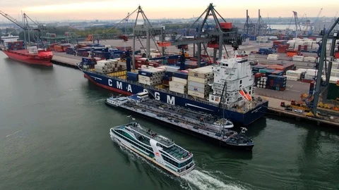 Container vessels alongside at Rotterdam Container Terminal Stock Footage 119684545