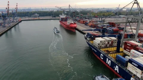 Container vessels alongside at Rotterdam Container Terminal Stock Footage 119684680