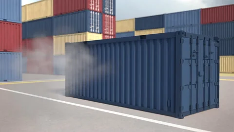 Container warehouse. The blue container falls with clouds of dust. Spectacular d Stock Footage 171767296