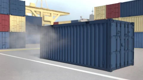 Container warehouse. The blue container falls with clouds of dust. Spectacular d Stock Footage 171768220