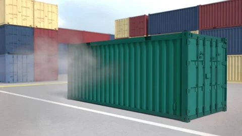 Container warehouse. The green container falls with clouds of dust. Spectacular  Stock Footage 171767905