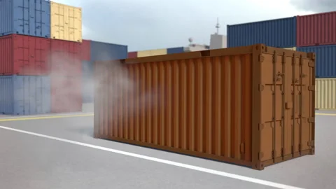 Container warehouse. The orange container falls with clouds of dust. Spectacular Stock Footage 171767577