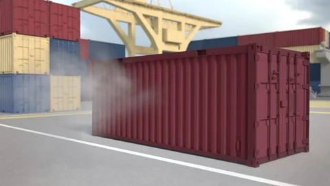 Container warehouse. The red container falls with clouds of dust. Spectacular dr Stock Footage 171767115