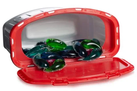 Container washing laundry capsules Stock Photos