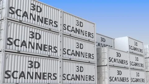 Container yard full of containers with 3D scanners. Production, export or import Illustrazione stock