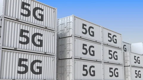Container yard full of containers with 5G text. Telecommunication equipment Stock Footage 116055901