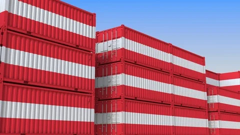 Container yard full of containers with flag of Austria. Austrian export or Stock Footage 111948111