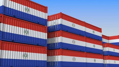 Container yard full of containers with flag of Paraguay. Paraguayan export or Stock Footage 113017124