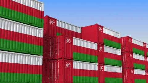 Container yard full of containers with flag of Oman. Omani export or import Stock Illustration