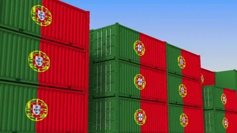 Container yard full of containers with flag of Portugal. Portuguese export or Stock Illustration