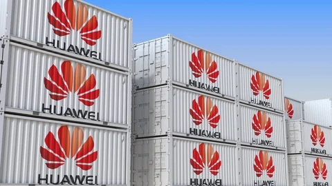 Container yard full of containers with logo of Huawei. Export or import related 库存影片 111949569
