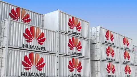 Container yard full of containers with logo of Huawei. Export or import related Stock Illustration