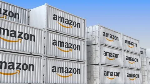 Container yard full of containers with logo of Amazon. Shipment, export or Stock Illustration