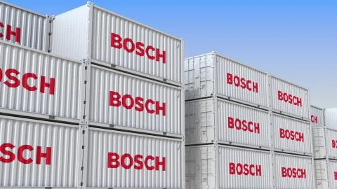 Container yard full of containers with logo of Bosch. Shipment, export or import Stock Illustration