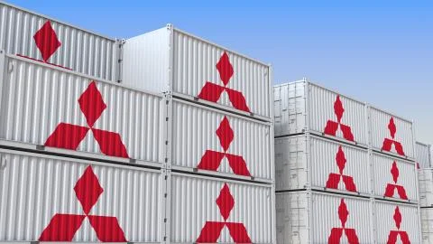 Container yard full of containers with logo of Mitsubishi. Shipment, export or Stock Illustration