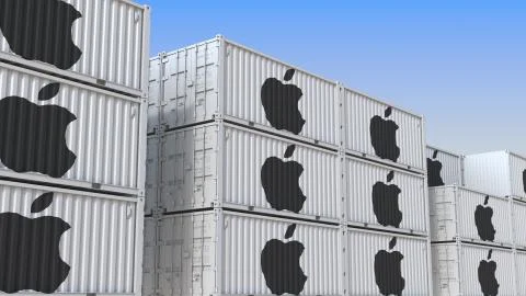 Container yard full of containers with logo of Apple Inc. Shipment, export or Stock Illustration