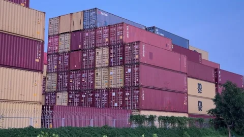 Container yard with stacked shipping containers at the port. Stock-Footage 343140522