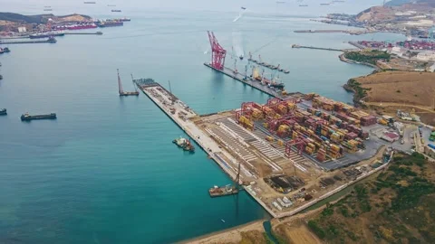 Container yard with stacks of cargo containers in container cargo terminal Vídeos de archivo 254732817