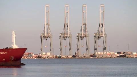 A containerized cargo ship enters the port for unloading Stock Footage 244014228
