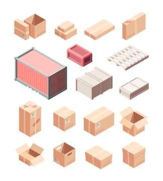 Containers and boxes isometric set. Cardboard and wooden boxes packaging Stock Illustration