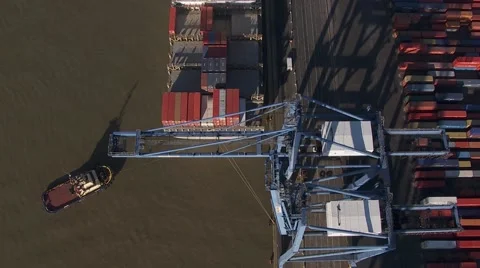 Containers and gantry cranes. Generic port activety. From Helicopter Stock Footage 61437066