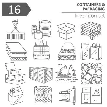 Containers and packaging icon set. Thin line design isolated on white. Create Stock Illustration