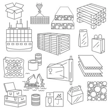 Containers and packaging icon set. Thin line design isolated on white. Create Stock Illustration