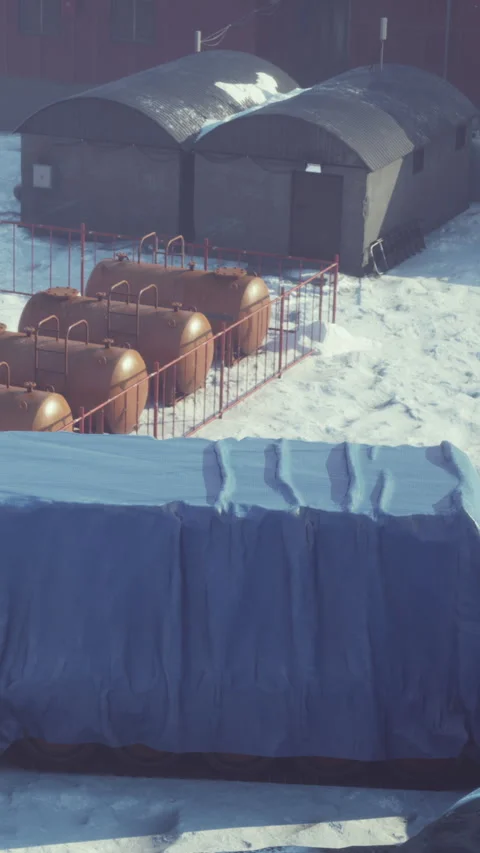 Containers and structures in winter landscape with snow Stock Footage 346758818