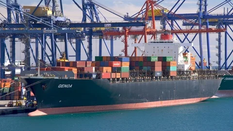 Containers being loaded onto ship in Valencia Stock Footage 88560915