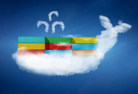 Containers on cloud whale software Docker concept Stock Photos