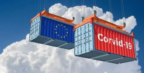 Containers with Corvid-19 text on the side and one with European Union Flag. Stock Illustration
