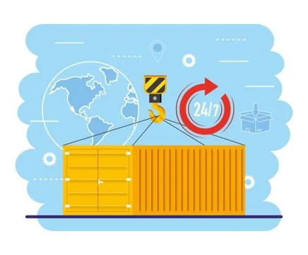Containers with crane hook and global map service Stock Illustration