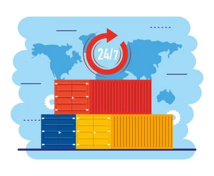 Containers distribution with delivery service in the global map Illustrazione stock