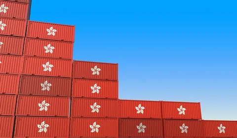 Containers with flag of Hong Kong represent declining trend. Economic or export Stock Illustration