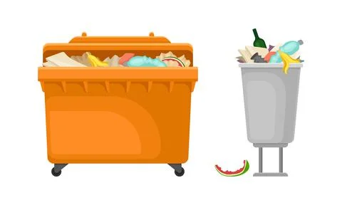 Containers for garbage set. Metal and plastic bins for waste vector illustration Illustrazione stock