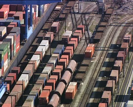 CONTAINERS in a harbor overhead close shot 動画素材 12123395