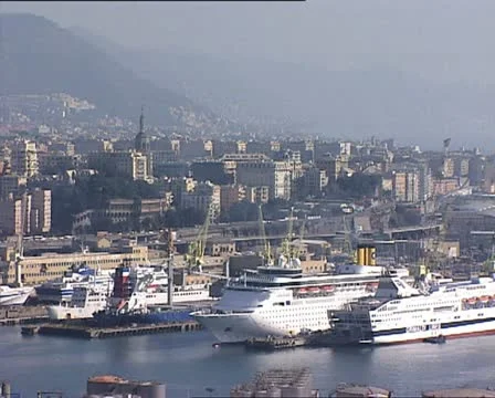 CONTAINERS in a harbor overhead tilt 2 Video stock 12123553