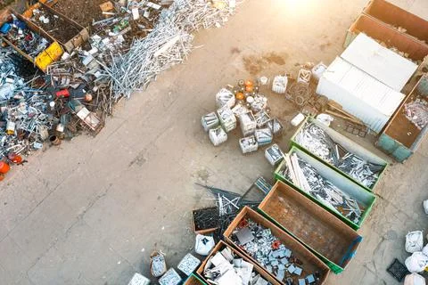 Containers from a height with different types of metal, Sorting for remelting Stock-Fotos