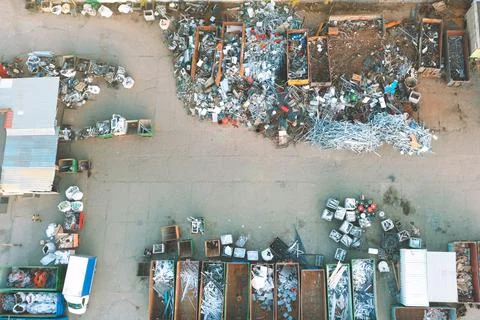 Containers from a height with different types of metal, Sorting for remelting Stock Photos