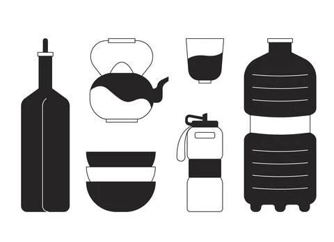 Containers for liquid black and white 2D line cartoon objects set Stock Illustration