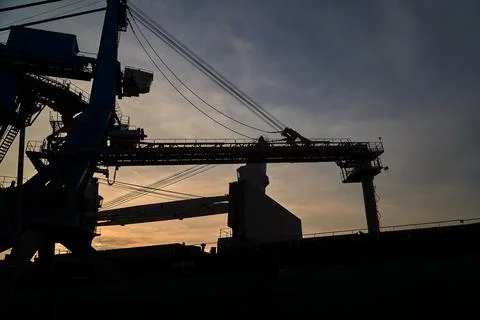 Containers loading by crane in the night , Trade Port. container operation in Stock Photos